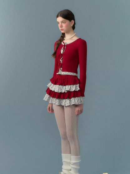 Splicing Strap Cardigan & Cake Skirt