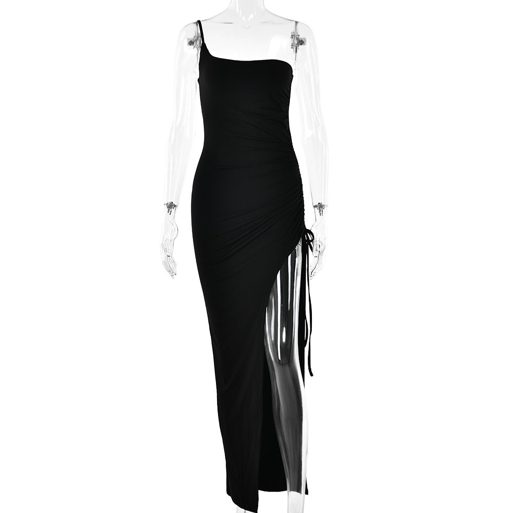 Spring Single Shoulder Cami Dress Tight Ruched High Split Maxi Dress for