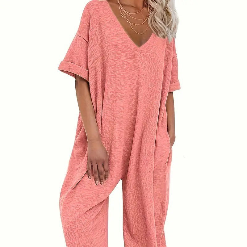 V Neck Jumpsuit Short Sleeve Length Jumpsuit Ankle Tied Loose Overalls
