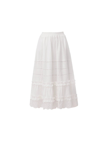 Ethereal Elegance Two-piece Set: Puff Sleeve Crop Blouse & Tiered Lace Midi Skirt - Pure White