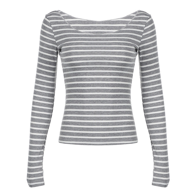 Off Shoulder Striped Lightweight Slim Fit Long Sleeve Blouse Off Shoulder Simple All Match Slim Fit Shirt