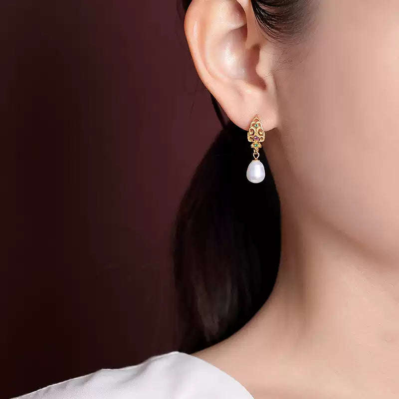 Colorful Gem Pearl Drop Earrings