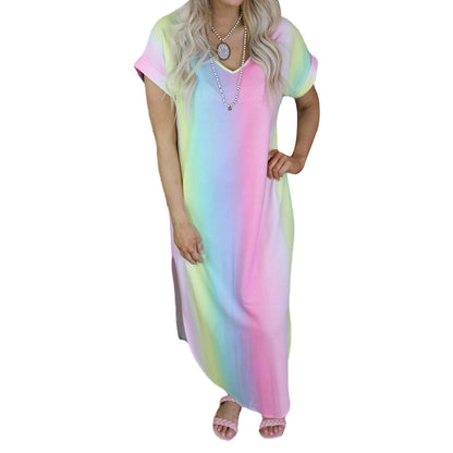 Summer Clothing Tie-dye Printed V-neck Short Sleeve Loose Dress Maxi Dress