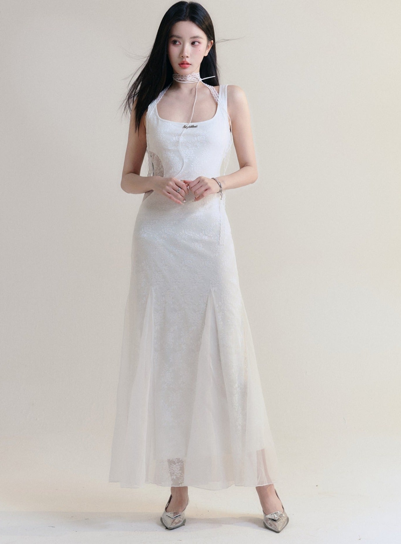 White Sleeveless Maxi Dress - Fitted Bodice With Flared Hem
