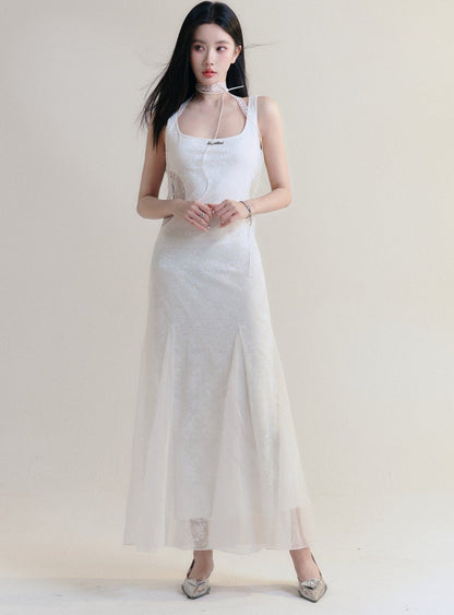 White Sleeveless Maxi Dress - Fitted Bodice With Flared Hem