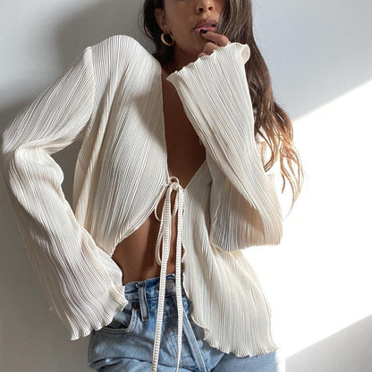 Summer Cardigan Lace-up Slim Flared Long Sleeve Pleated Shirt French Textured