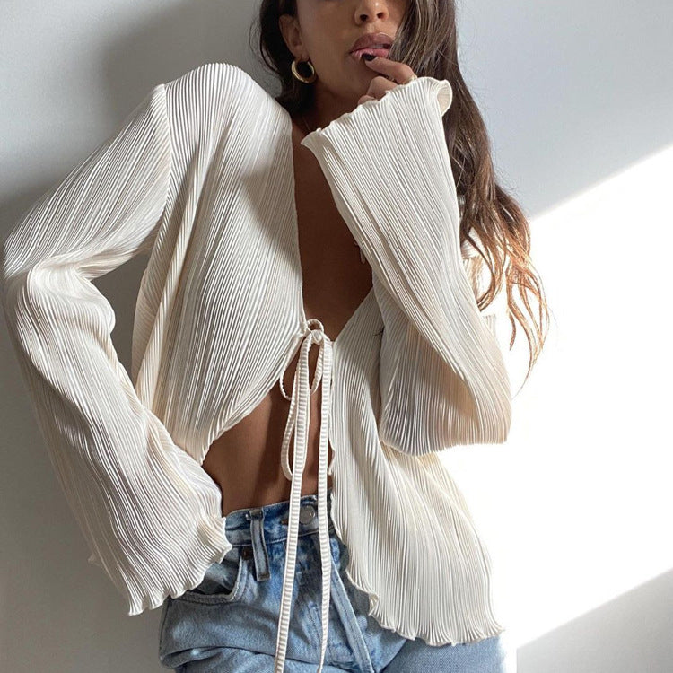 Summer Cardigan Lace-up Slim Flared Long Sleeve Pleated Shirt French Textured