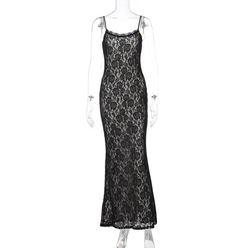 Summer Clothing Lace Stitching Maxi Dress Slim Strap Dress