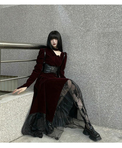 Ladyghost Gothic Victorian Maxi Dress - Burgundy Velvet and Black Mesh Layered Gown With Corset Belt