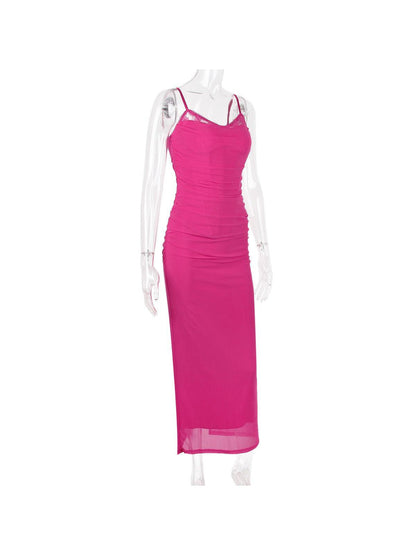 Boning Corset Mesh Lace Stitching Split Maxi Dress