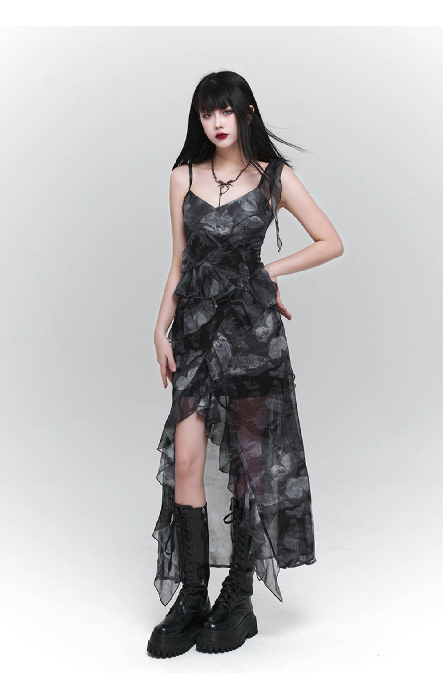 Ladyghost Dark Glamour Asymmetrical Maxi Dress - Sheer Print Ruffle Dress With High Slit