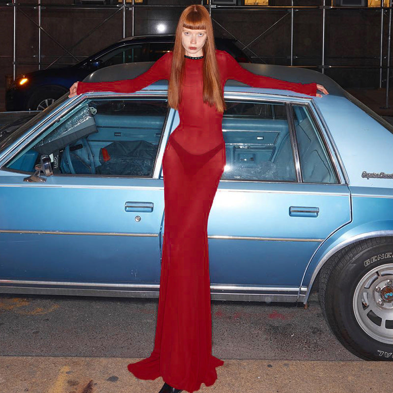 Autumn Clothing Mesh Backless Lace Up Long Sleeve Super Maxi Dress for
