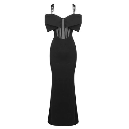 Winter Black Rhinestone Strappy Bow Semi Transparent Maxi Dress Slim Dress