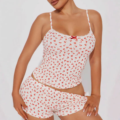 Little Cherry Print Stitching Lace Girl Pajamas Pajamas Shorts Two Piece Set