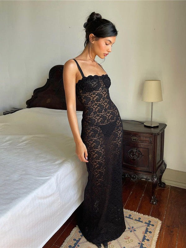 Spaghetti Strap See Through Lace Maxi Dress