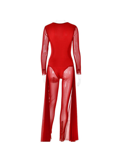 Mariam Full Sleeve Mesh See Through V Neck Jumpsuit