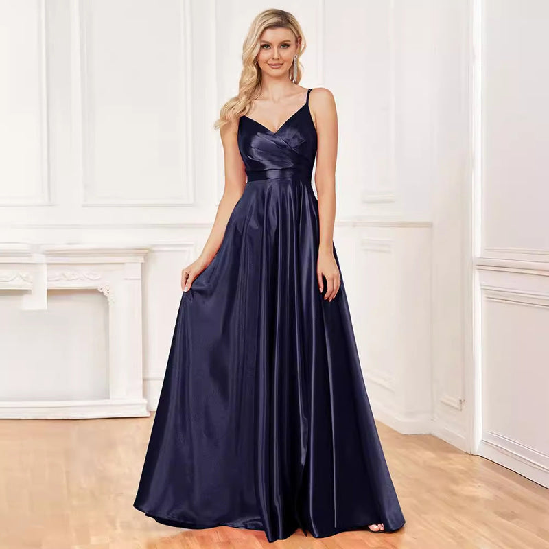 Sling Silk Dress Backless Blue Maxi Dress Bridesmaid Evening Dress
