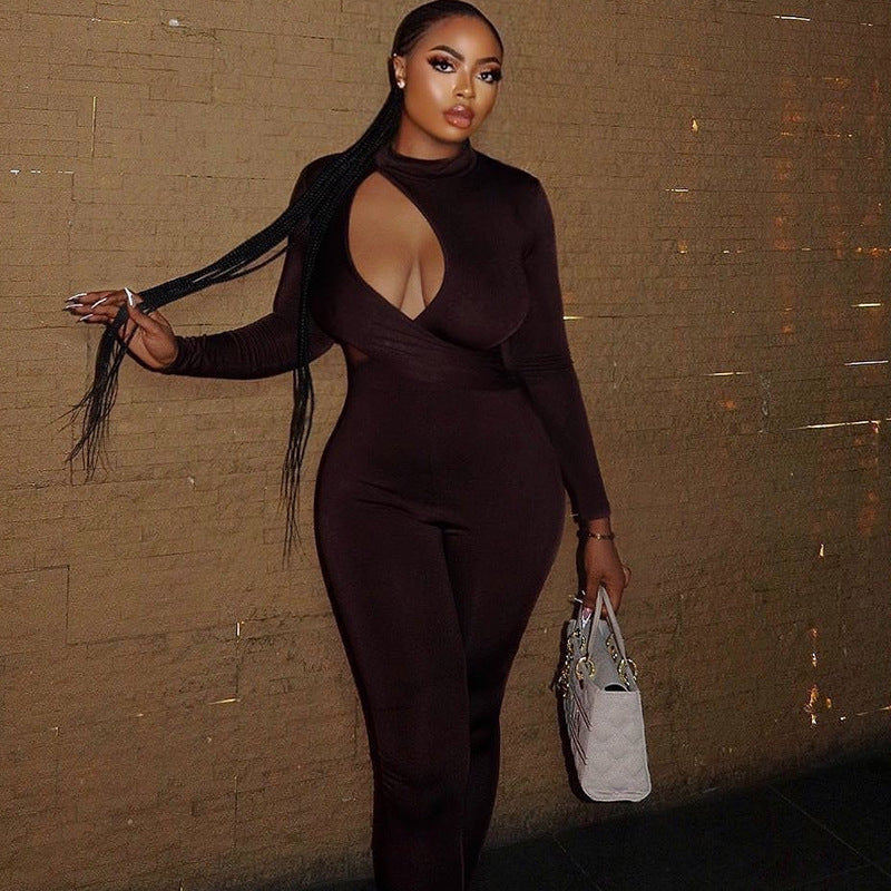 Wear Tight Fitting Color Micro Elastic Jumpsuit Long Sleeved Trousers Hollow Out Cutout Mid Waist Thin Jumpsuit
