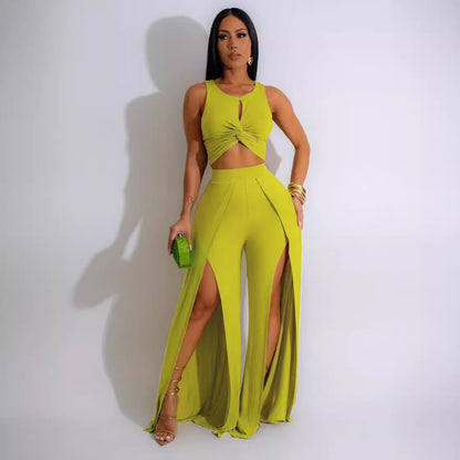 Wear Suit Split Vest Wide Leg Pants Two Piece Set