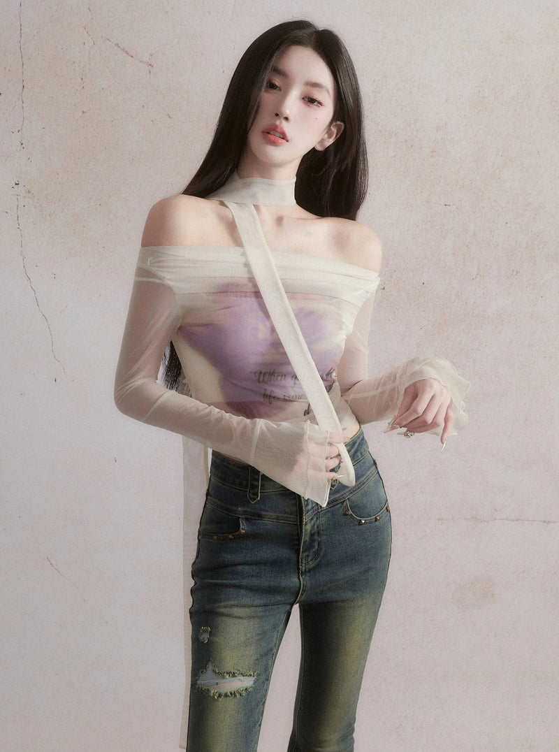 Ethereal Off-shoulder Crop Top - Sheer Long Bell Sleeve Blouse With Ribbon Tie and Watercolor Print