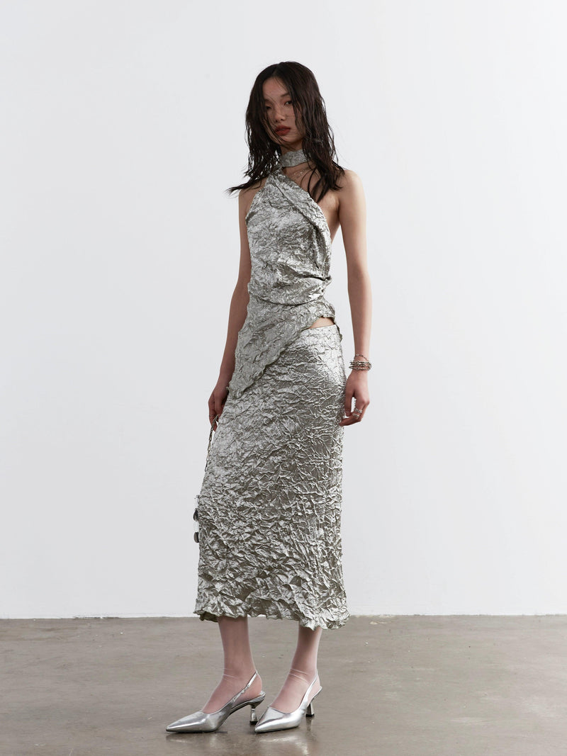 Jnylon Studio Metallic Crinkle One-shoulder Maxi Dress - Silver Textured Evening Gown With Asymmetric Strap