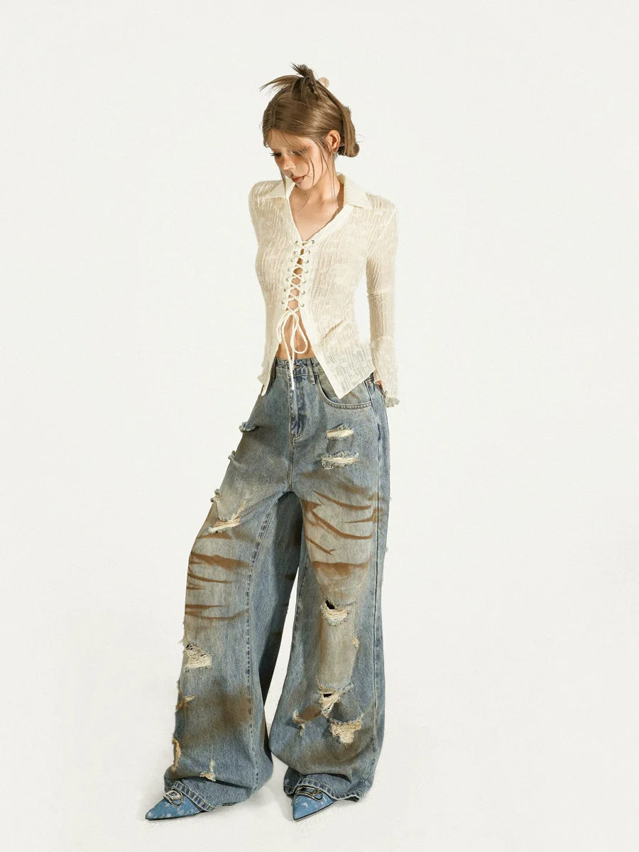 Nico Molly Lace-up Ribbed Cardigan - Ivory ()