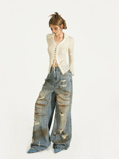 Nico Molly Lace-up Ribbed Cardigan - Ivory ()
