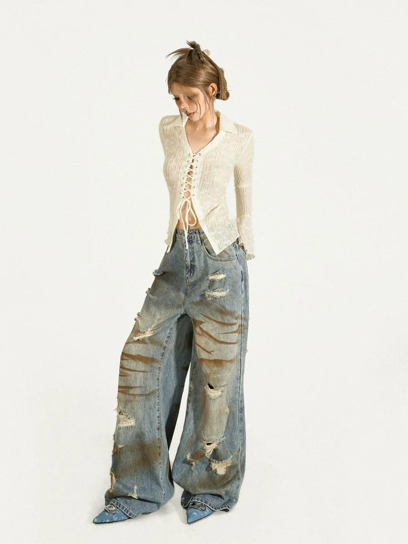 Nico Molly Lace-up Ribbed Cardigan - Ivory ()
