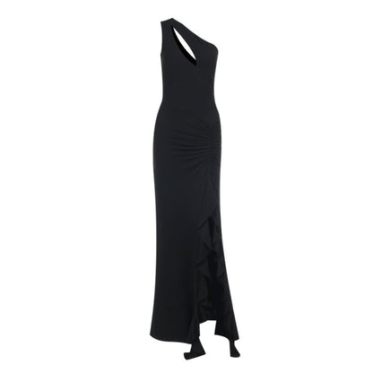 Spring Maxi Dress Slim One Shoulder Frill Ribbon Dress