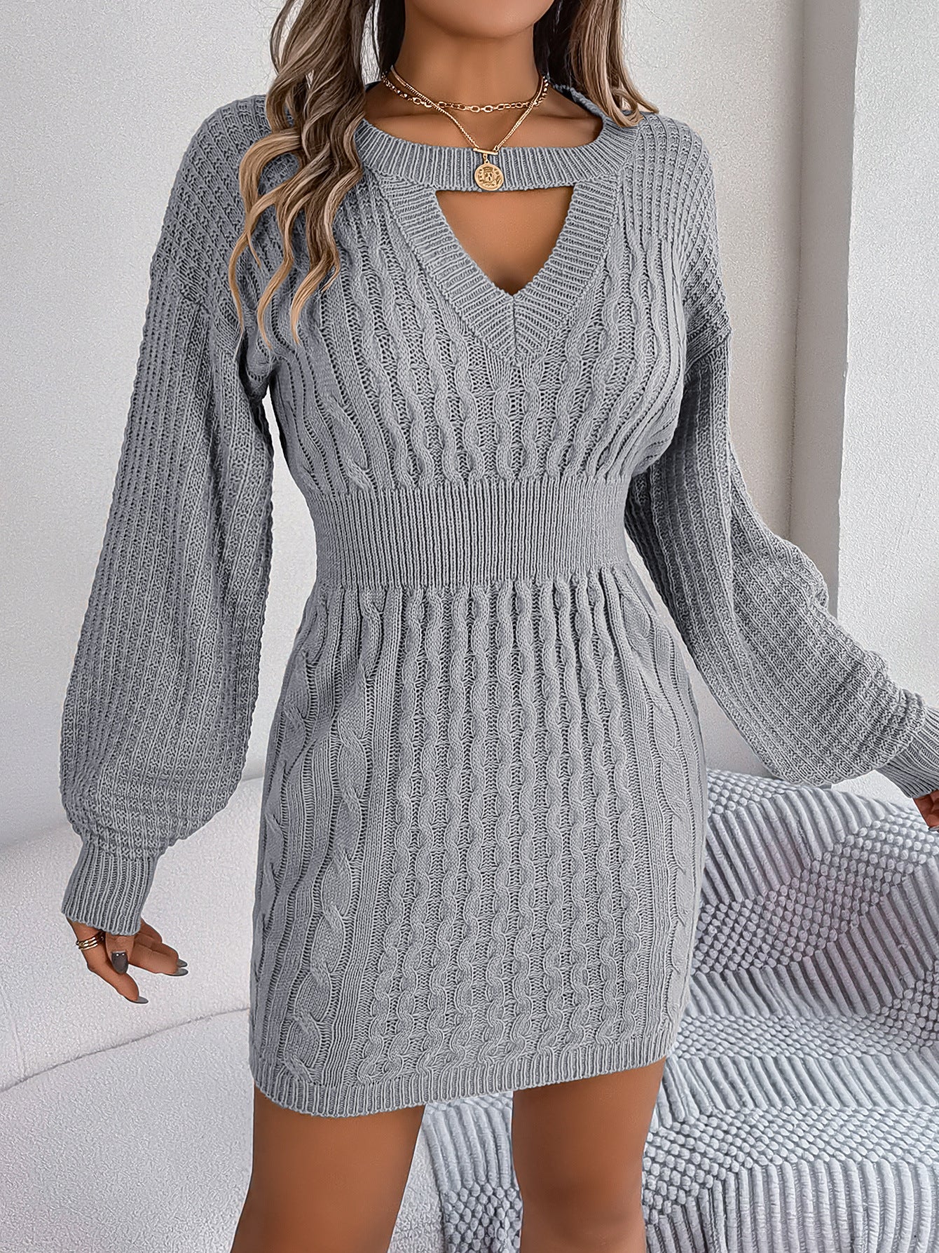Autumn Winter Color Twist Hollow Out Cutout Out Lantern Sleeve Package Hip Sweater Dress Clothing