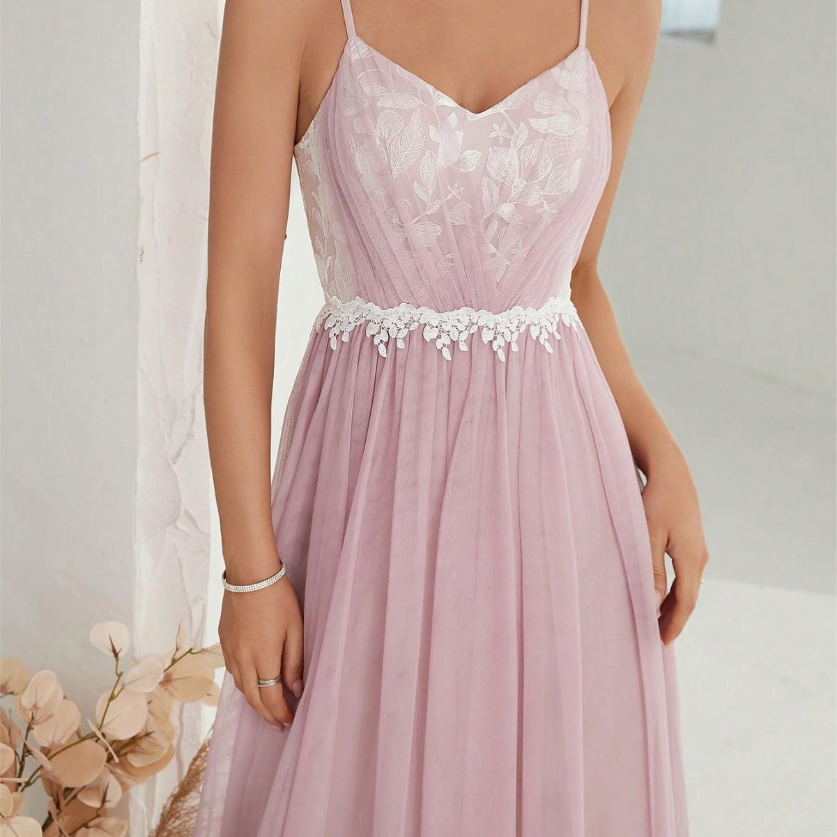 Suspender Evening Dress Mesh Cross Fold Lace Contrast Color Maxi Dress Summer