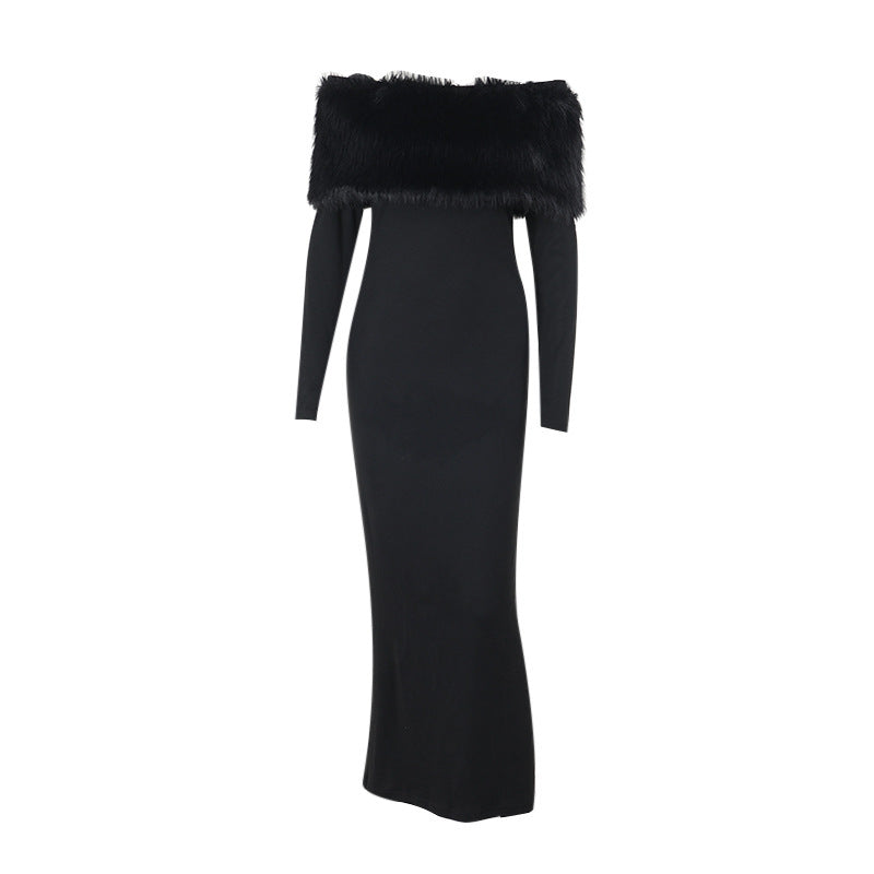 Autumn Maxi Dress Off Shoulder Fur Collar Slim Fit Dress
