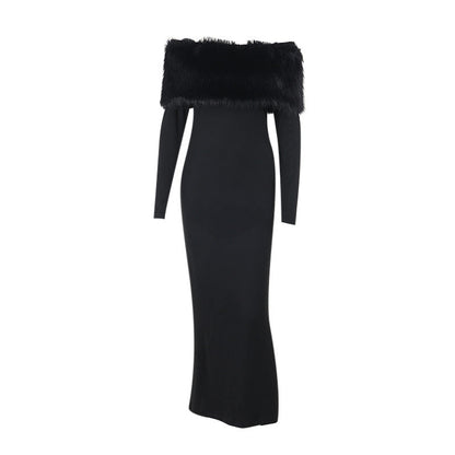 Autumn Maxi Dress Off Shoulder Fur Collar Slim Fit Dress