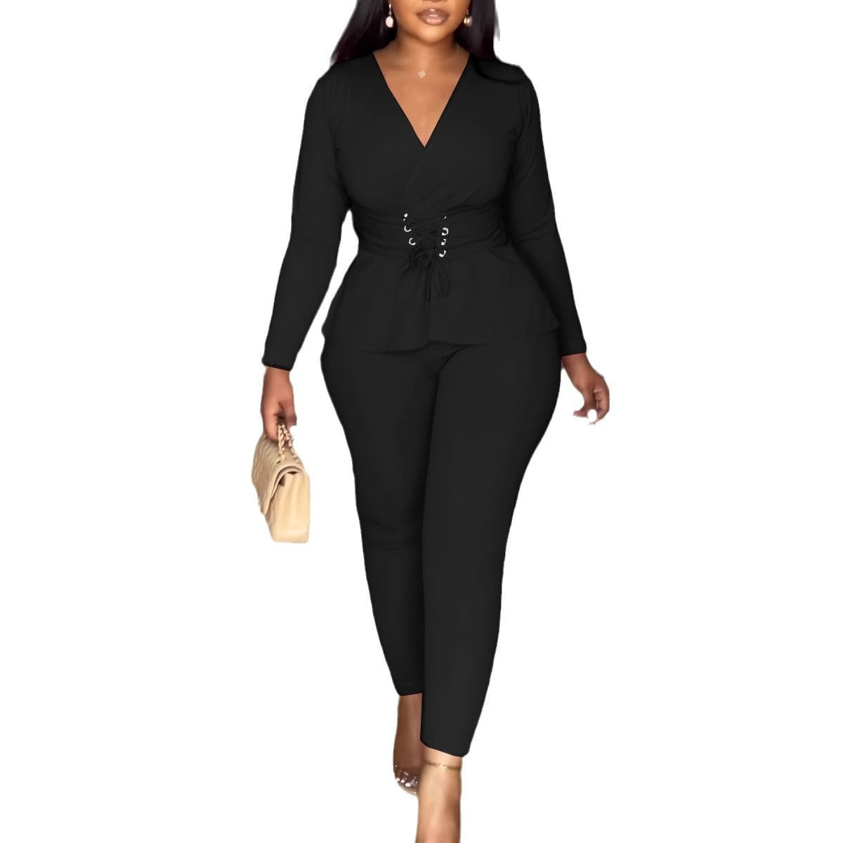Color V Neck Waist Tight Stretch Long Sleeve Blouse Two Piece Pants Sets