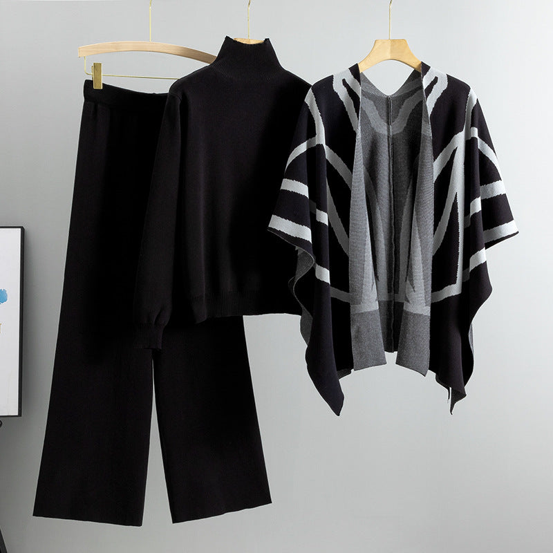 Black – Knit Sweater Shawl Three Piece Set