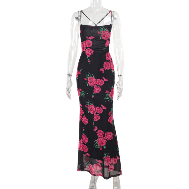 Spring Maxi Dress Spaghetti Strap Print Backless Lace Up Dress