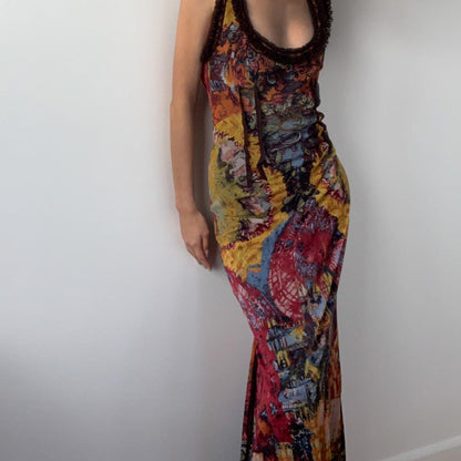 Clothing Summer Retro Tie Dyed Printed U Collar Slim Dress Maxi Dress