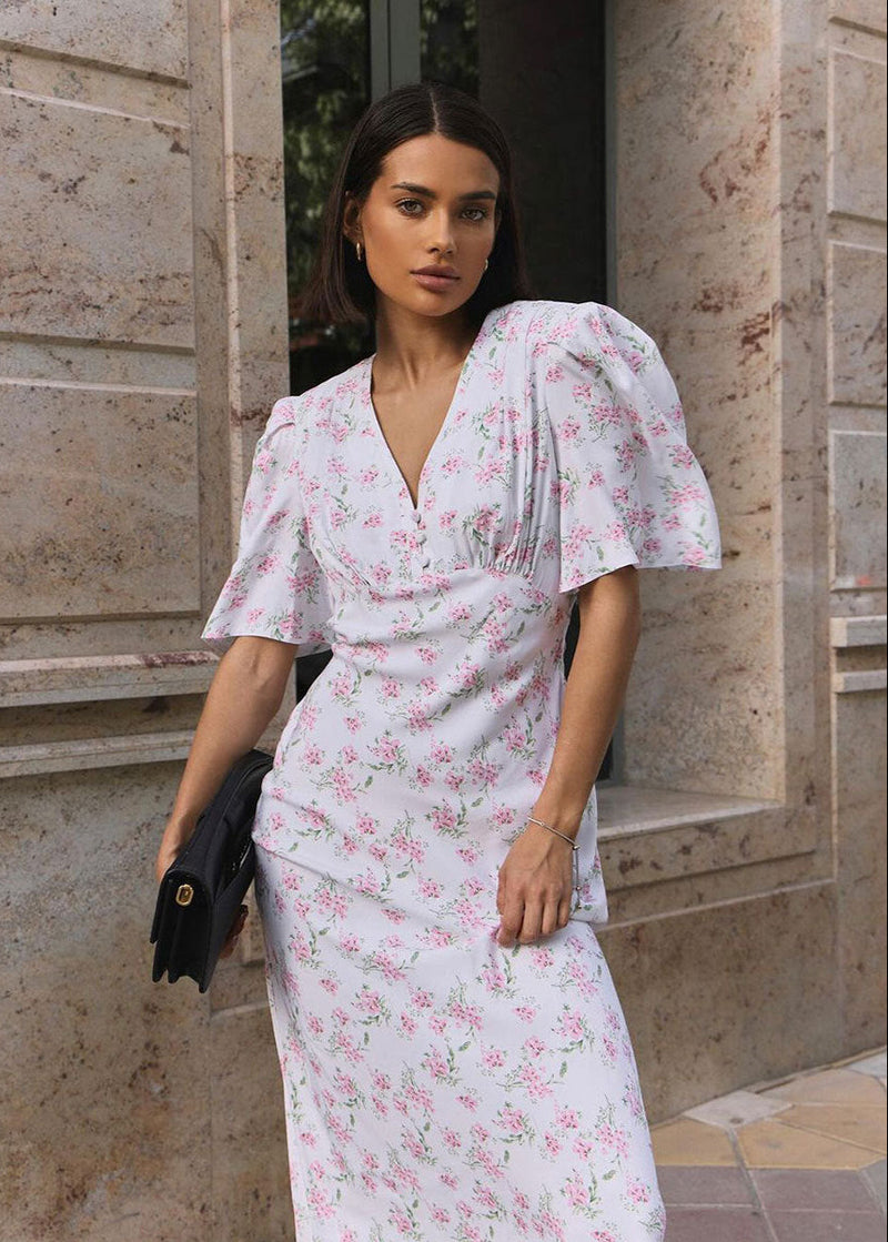 Blossom Grace - Pink Midi Dress With Puff Sleeves