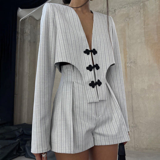 Spring Clothing Chinese Niche Design Long Sleeve Deep V Plunge Jacket High Waist Shorts Striped Set