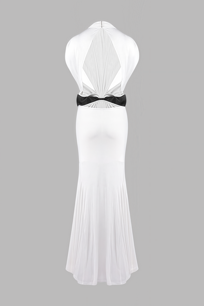 Gaelyra White Backless Satin Pleated Maxi Dress