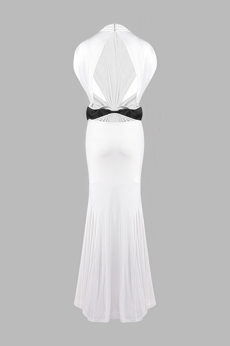 Gaelyra White Backless Satin Pleated Maxi Dress
