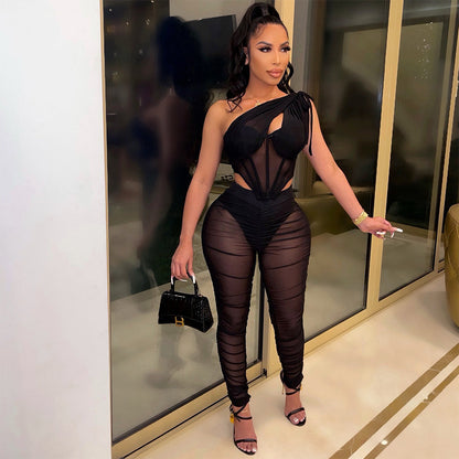 Clothing Mesh See-through Irregular Asymmetric Top Two-piece Set