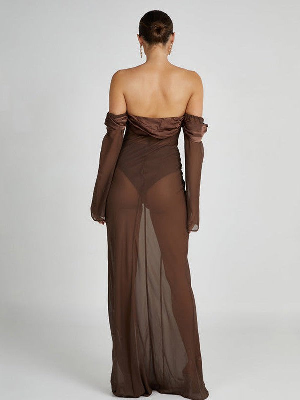 Off Shoulder Tube Long Sleeve See Through Maxi Dress