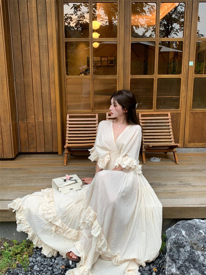 Tailande Linen Maxi Dress V-neck Ruffle Goddess Gown With 10-meter Full Hem