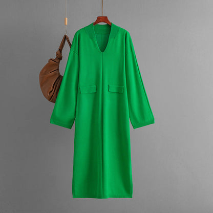 Autumn Winter V Neck Color Loose Knitted Dress Split Long Sleeve Long Dress