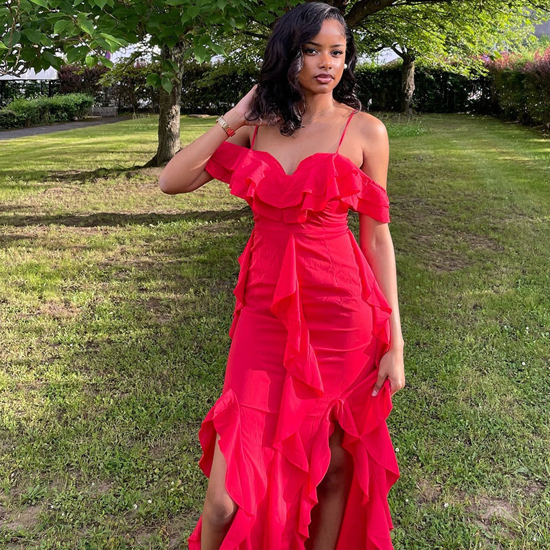 Clothing Color Dress Spaghetti Straps Sleeveless Ruffled Irregular Asymmetric Maxi Dress
