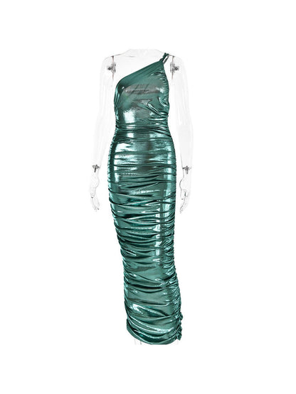 Metallic Coated One Shoulder Sheath Knitted Coated Dress