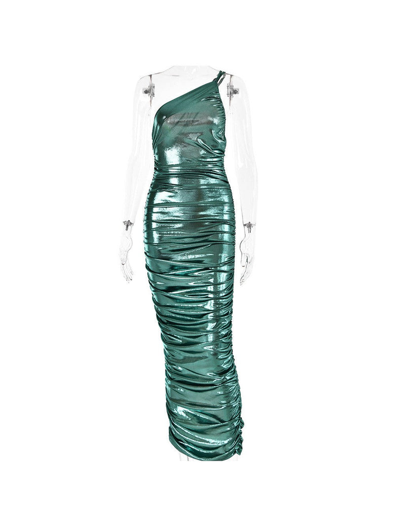 Metallic Coated One Shoulder Sheath Knitted Coated Dress