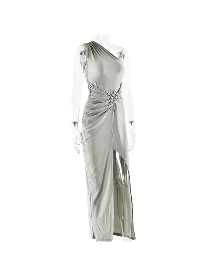 One Shoulder Sleeveless High Slit Buckle Maxi Dress
