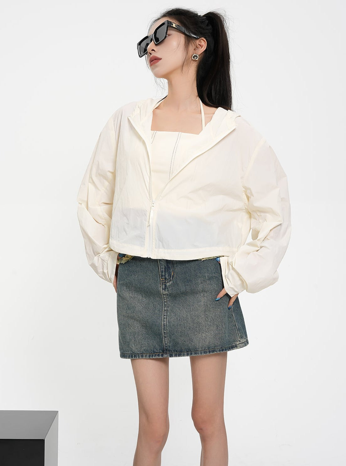 Textured Contrast Duo: Ivory Puff-sleeve Crop Blouse & Black Quilted Bomber Jacket Set